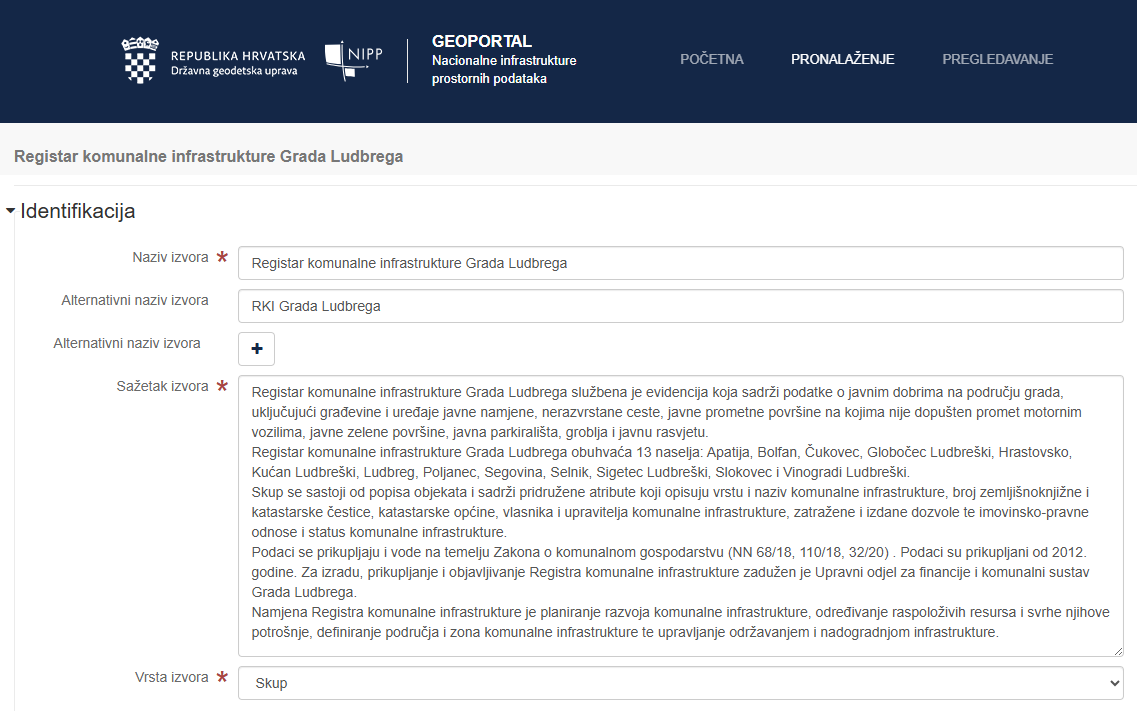 Isječak uređivača metapodataka na Geoportalu NIPP-a za Registar komunalne infrastrukture